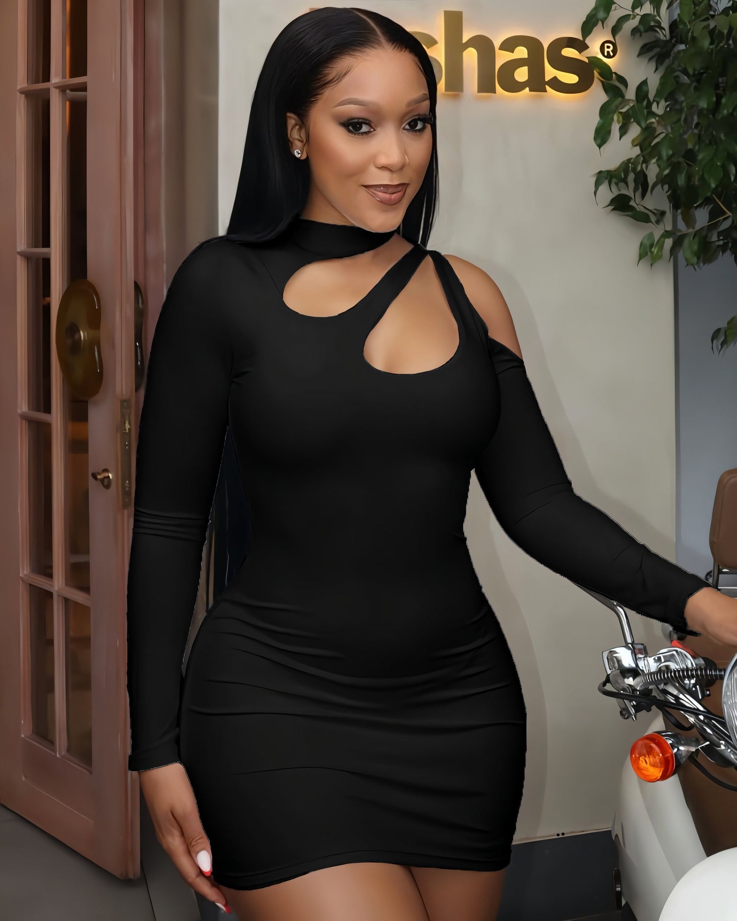 NEW Cutout High-Neck Long-Sleeve Mini Dress